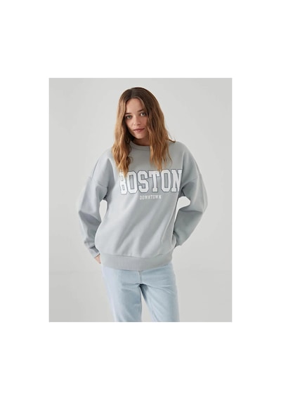 LC Waikiki Lcw Vision Gri Boston Baskılı Oversize Kadın Kalın Sweatshirt