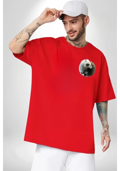 Siyah Beyaz Ying Yang Kırmızı Oversize Unisex Ön Ve Sırt Baskılı Tişört Kırmızı