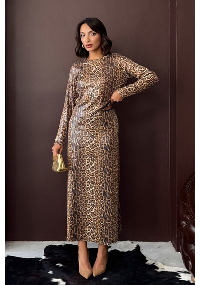 Verymoda Leopar Desenli Etek Günlükten Geceye Şıklık Koyu Leopar