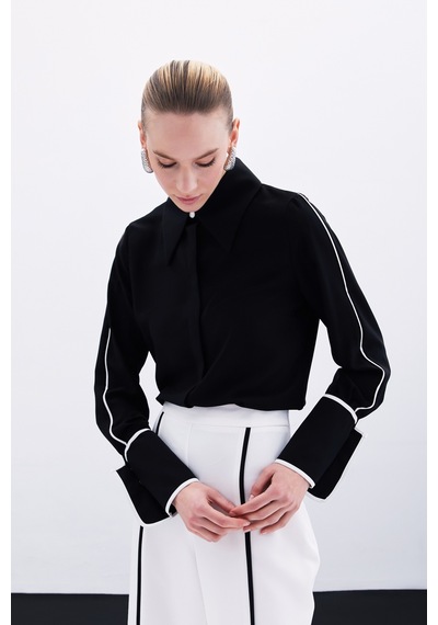 Sateen Klasik Manşetli Kontrast Gömlek - Siyah-135921 Siyah