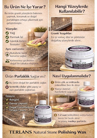 Terlans Doğaltaş Granit Koruyucu Vaks 250 Ml / Natural Stone Protection Wax / Doğal Saten Görünüm, Leke İtici Bak