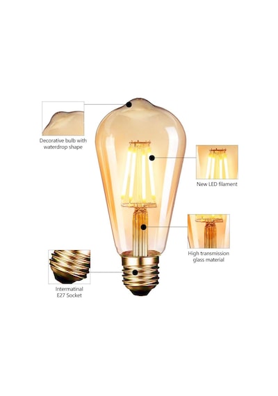 Edison Vintage Led Ampul E27 4w/220v 2600-2700 K Retro Antik, Kehribar Sıcak, 6'lı Paket Standart