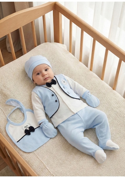 Zeynuko Erkek Bebek Papyonlu Little Man 5'li Yenidoğan Hastane Çıkışı Zıbın Seti Mavi