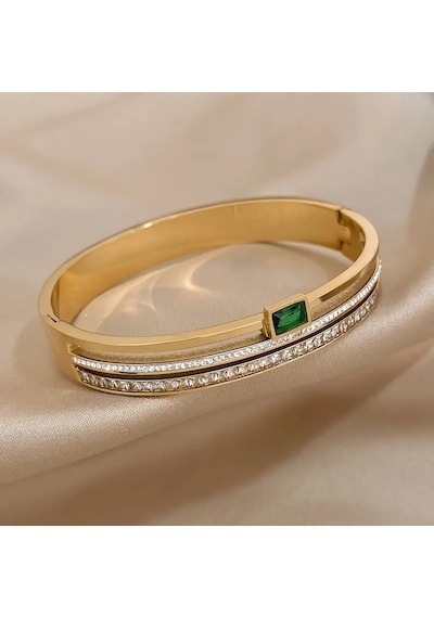 Zümrüt Gold Crystal Zirkon Taşlı Kelepçe Bileklik Gümüş - Altın