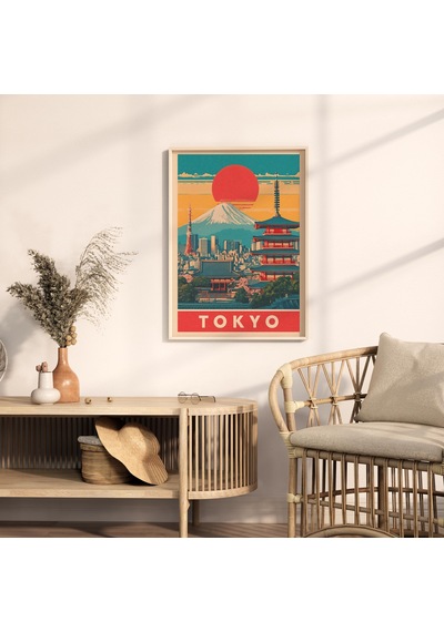 Retro Tokyo Seyahat Posteri: Fuji Dağı Ufuk Çizgisi Sanatı &