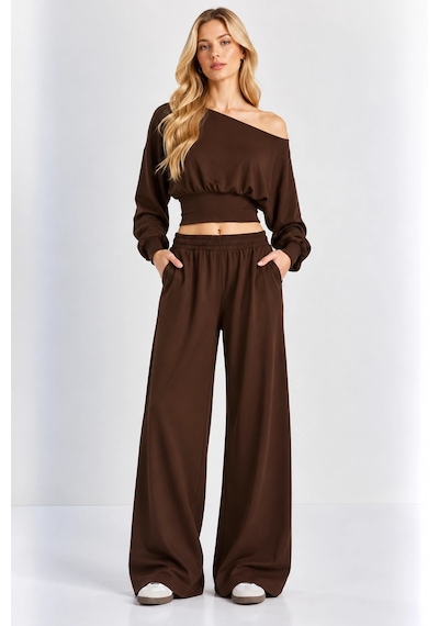 Mevese Kayık Yaka Korseli Crop Bluz - Cep Detaylı Palazzo Modal Takım - Acı Kahve Kahverengi Mevese Kayık Yaka Korseli Crop Bluz - Cep Detaylı Palazzo Modal Takım - Acı Kahve Kahverengi