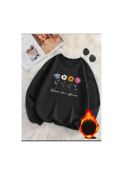 Medinenur Renkli Çiçekler Baskılı Bisiklet Yaka Şardonlu Sweatshirt Siyah