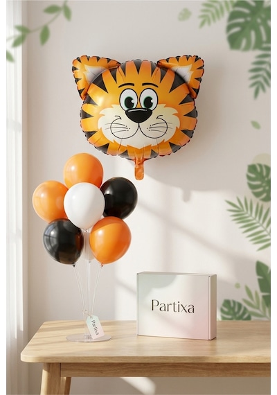 Safari Kaplan Kafa Balon Stand Seti Şeffaf 7 Li Stand + Safari Kaplan Folyo Balon + 7 Lateks Balon