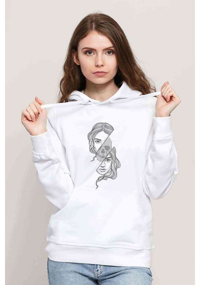 Girl Skull Baskılı Beyaz Kadın Kapşonlu Sweatshirt