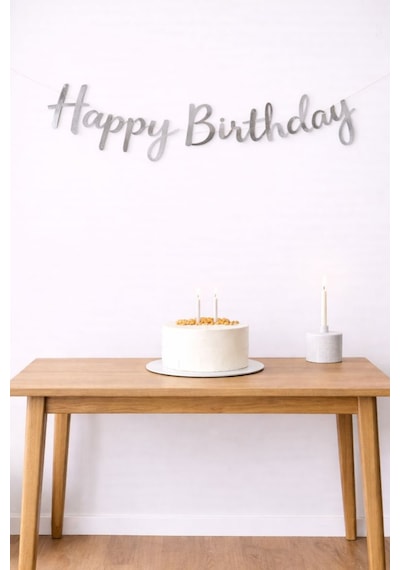 Gümüş Happy Birthday Kaligrafi Banner Doğum Günü Süs Gri