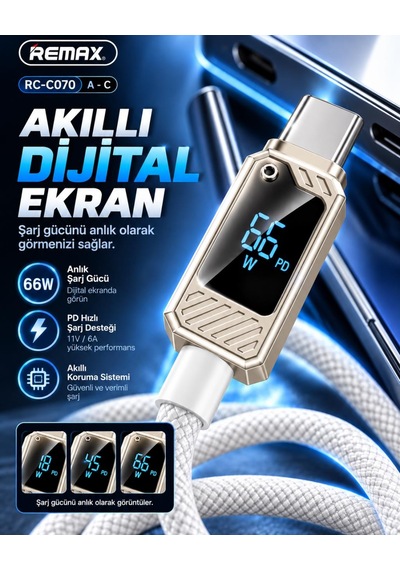 Remax Suxien Serisi Rc-c070-b 66w Akıllı Dijital Ekranlı Usb-a To Type-c Hızlı Şarj Ve Data Kablosu 1.2 Metre Beyaz