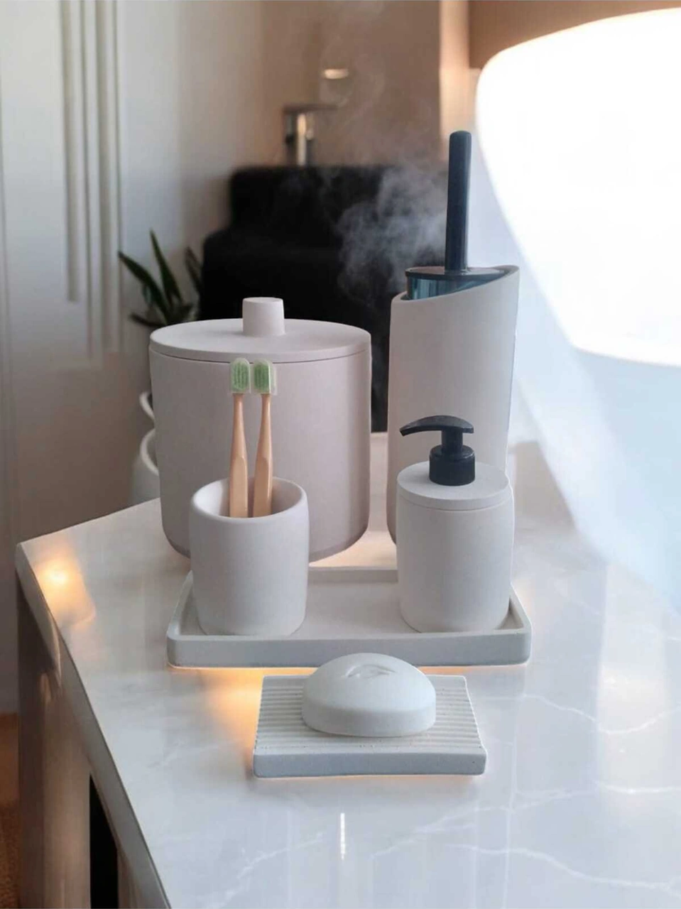 Kırık Beyaz Beton Banyo Seti,çöp Kovasi,tuvalet Wc,sabunluk,diş Fırçalık,tepsi,aksesuar,dekorasyon Beyaz