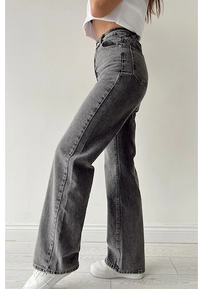 Lavajeans Penelope Antrasit Kar Yıkama Likralı Extra Yüksek Bel Bol Paça Lavajeans Jean Pantolon Antrasit