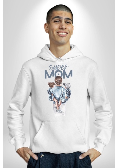 Süper Anne Anneler Günü Doğum Hediyesi Kadın Erkek Beyaz Kapüşonlu Sweatshirt Hoodie Beyaz