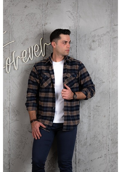 Slimfit Çift Cep Pamuklu Kalın Oduncu Gömlek Kahverengi