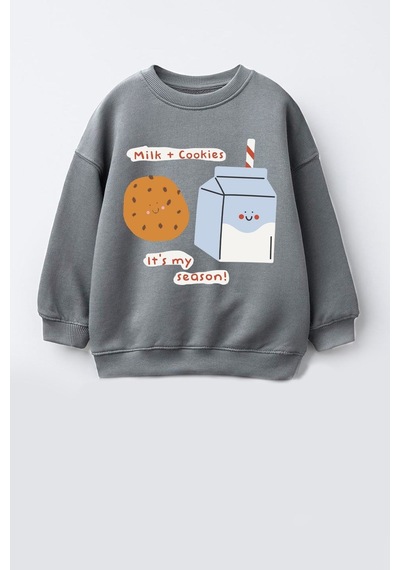 Monila Kız Çocuk 3 İplik Kumaş Pamuklu Baskılı Sweatshirt Antrasit