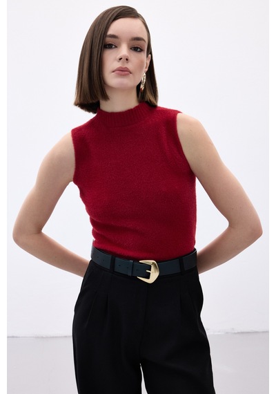 Sateen Sıfır Kol Sakallı Triko Bluz - Bordo-136514 Bordo