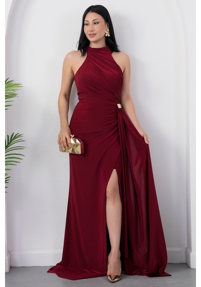 Kalopya Halter Yaka Drapeli Tokalı Abiye Elbise Ecr5862 Bordo