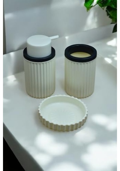 Parça Sert Plastik Banyo Seti Sıvı Sabunluk Diş Fırçalık Ve Katı Sabunluk-krem Çok Renkli