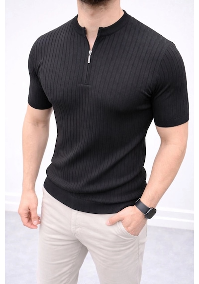 Erkek Kısa Kol Fitilli Triko T-shirt Yazlık Hakim Yaka Tişört - Siyah Çok Renkli