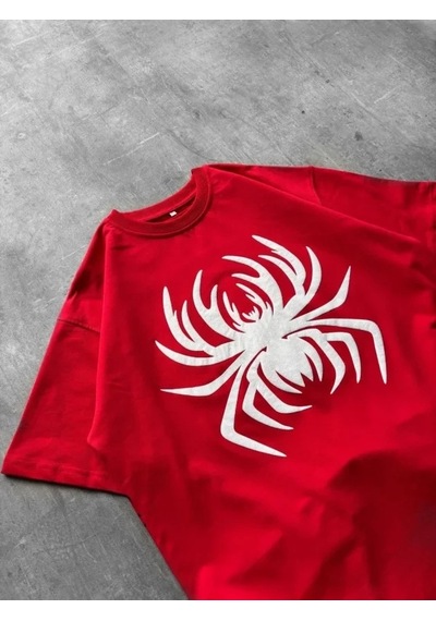 Defymoda Erkek Örümcek Baskılı Tişört Kısa Kollu Bisiklet Yaka T-shirt - Kırmızı