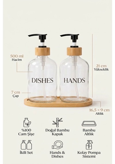 Buççin Online Mağaza Bambu Altlıklı Bambu Kapaklı İkili Cam Sıvı Sabunluk & Deterjanlık Seti 2 500 Ml- 16,5 X 9 X 21 Cm Çok Renkli