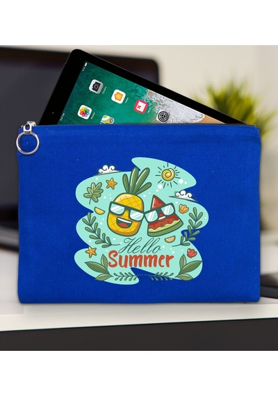 Bk Gift Yaz Temalı Mavi Tablet Çantası 30x21cm, Apple iPad Uyumlu Çantası, Baskılı Tablet Kılıfı