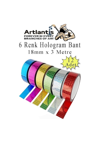 Renkli Hologram Bant 6 Renk 12 Adet 18mm X 3 Metre Yaldızlı Metalik Desenli Fosforlu Hologram Bant Hobi Tasarım 12 Adet