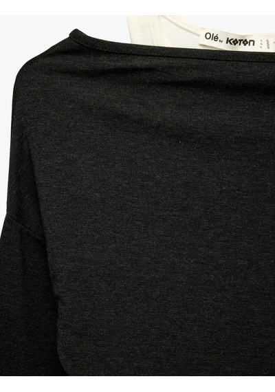 Koton Slim Fit Asimetrik Yaka Katmanlı Uzun Kollu Tişört Antrasit 7wal10328ık