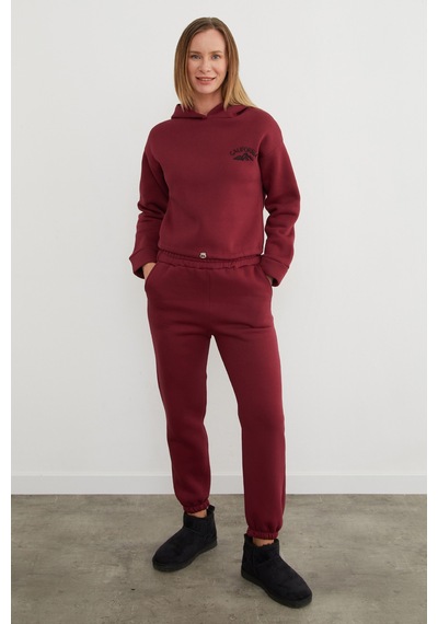 Fullamoda 3 İplik California Nakışlı Kapüşonlu Jogger Eşofman Takımı Bordo