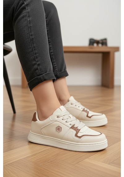 Enoch Yan Panel Logolu Lmbrck Model Düz Tabanlı Bağcıklı Kadın Sneaker Bej