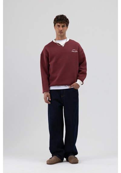 Vamos Oversize Bisiklet Yaka Baskılı Sweatshirt V70-91 Bordo