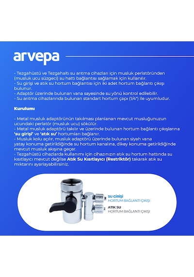 Arvepa Tezgahüstü Su Arıtma Cihazı Metal Musluk Adaptörü - Çift Çıkışlı (1/4" Uyumlu)