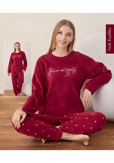 Boyraz Kadın Kışlık Bisiklet Yaka Soft Kadife Pijama Takımı 07012 - 1 Adet Kırmızı