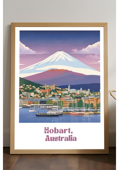 Hobart Doğal Ahşap Çerçeveli Poster, Dekoratif Seyahat Duvar Tablosu