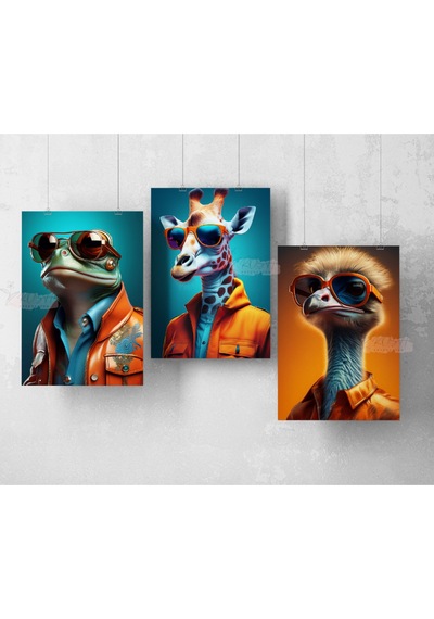 3'lü Çerçevesiz Poster Seti Kurbağa, Zürafa, Devekuşu
