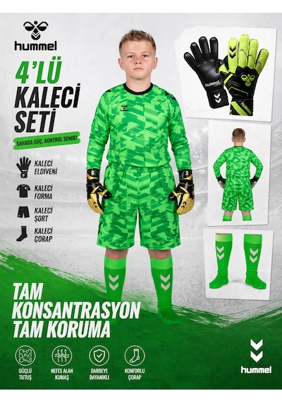 Hummel 4 Lü Kaleci Seti Baskı Üst Forma+şort+kaleci Eldiveni+profestonel Futbol Çorabı Açık Yeşil