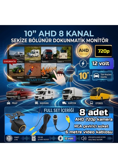 8 Ch 10 İnç Dokunmatik Ekran 8 Adet Ledsiz Ahd 720p Balık Gözü Kamera 512 Gb Dvr Adas Bsd 12 Volt