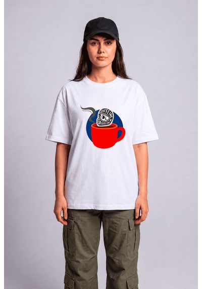 Black Nova Oversize Baskılı Unisex %100 Pamuk T-shirt Caffeine Beyaz
