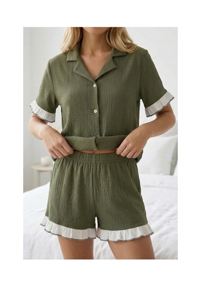 Fit Women Fırfır Detaylı Bürümcük Kumaşlı Düğmeli Kısa Şortlu Pijama Takımı 6021 Yeşil