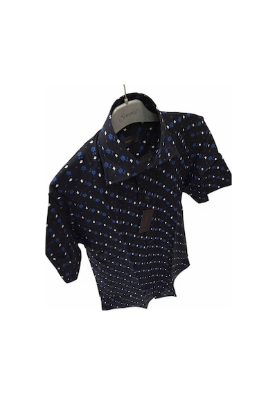 M Slim Fit Kalıp Siyah, Çiçek Desenli Pamuk Kısa Kollu Klasik Erkek Gömlek