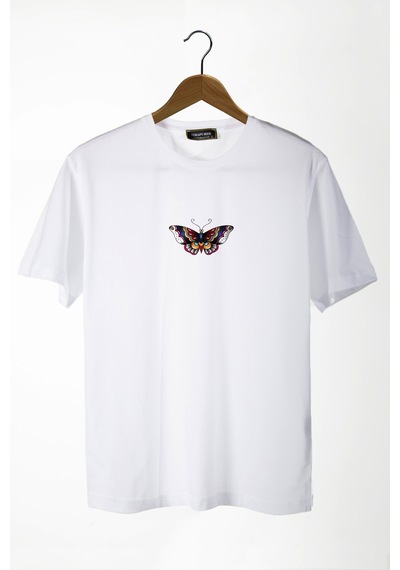 Kadın Beyaz Bisiklet Yaka Önü Kelebek Baskılı Oversize T-shirt Beyaz