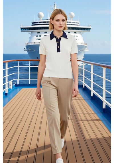 Benerly Kadın Bluz Polo Yaka Kısa Kol Renk Bloklu Triko Kumaş İnce Dokuma Ekru
