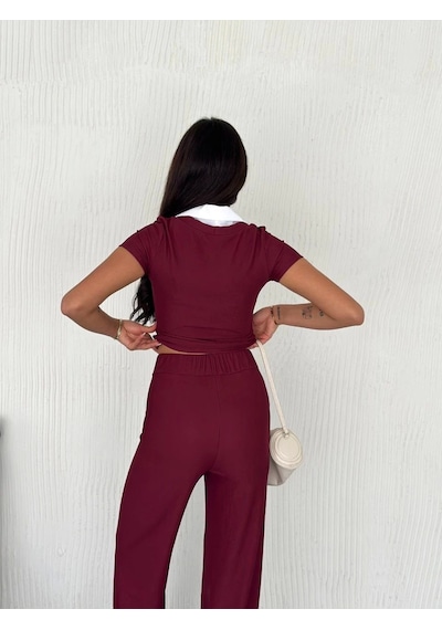 Kazax Ottoman Kumaş Beyaz Gömlek Yaka Takım S4142 Bordo