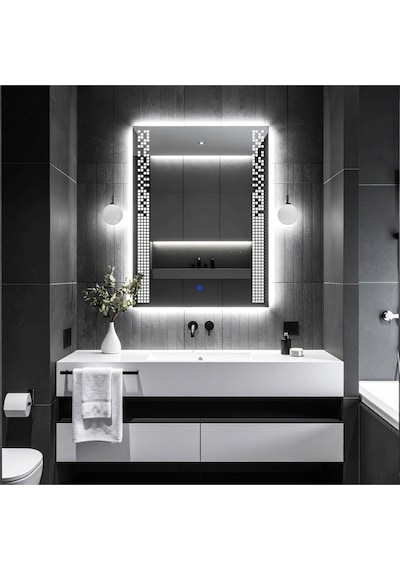 Velano Beyaz Led'li Lazer Kumlamalı Lavabo & Banyo Aynası Dokunmatik Sensörlü 70 X 50