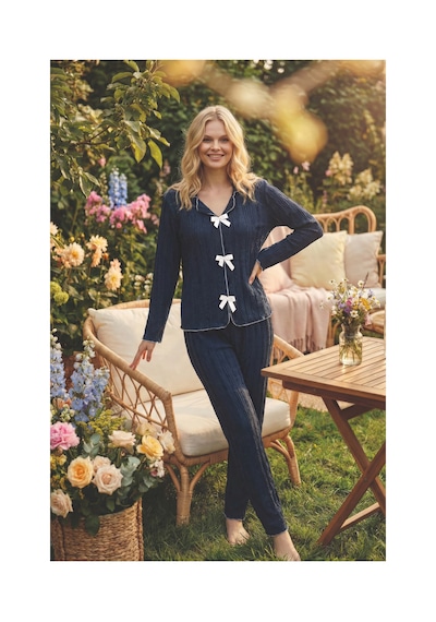 Rindahomewear Lacivert Bürümcük Kumaş Fiyonk Detaylı Uzun Kollu Pijama Takımı Lacivert