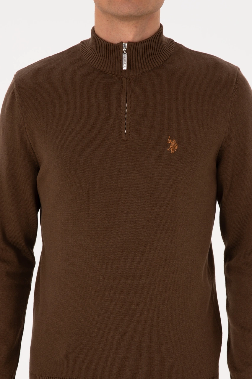 U.S. Polo Assn. Erkek Slim Fit Yarım Fermuarlı Kahverengi Basic Kazak 50313695-VR029