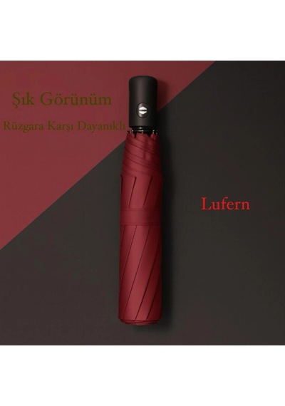 Lufern Modern Bordo Kılıflı Otomatik Kompakt Şemsiye Rüzgarda Kırılmayan 8 Telli Su Geçirmez Seyahat Ofis Çok Renkli