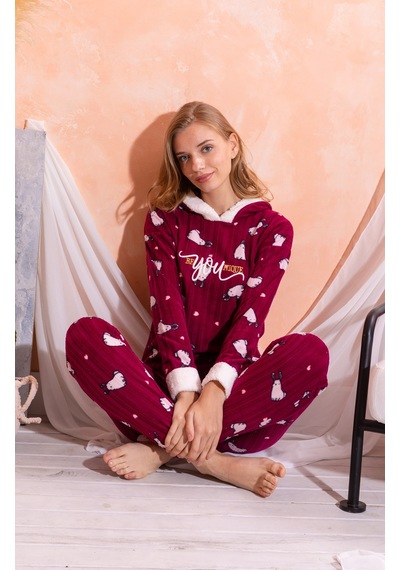 Nisanca Kapüşonlu Kışlık Kadın Peluş Polar Pijama Takımı - Yeni Yıl Pijaması Mürdüm