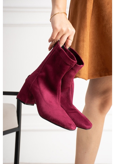 Dabab Shoes Lara Kadın Bordo Süet Streç Küt Burun Fermuarlı 6 Cm Kalın Topuklu Bot Bootie